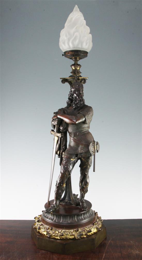 A 19th century figural bronze lamp, H.2ft 10in.